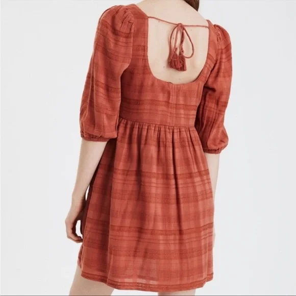 American Eagle AE Puff Sleeve Babydoll Mini Dress Large Women’s Burnt Orange - Picture 6 of 6